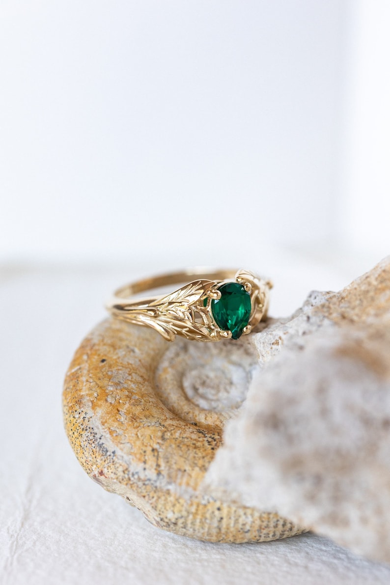 Emerald engagement ring, 14K yellow gold leaves ring, leaf ring for woman, unique engagement ring, synthetic emerald ring, teardrop ring image 4