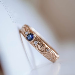 Elven Wedding Band with Leaves and Diamonds Comfort Fit Ring, Ivy Leaf Ring, Genuine Blue Sapphire Ring for Women, 14k or 18k Gold image 8
