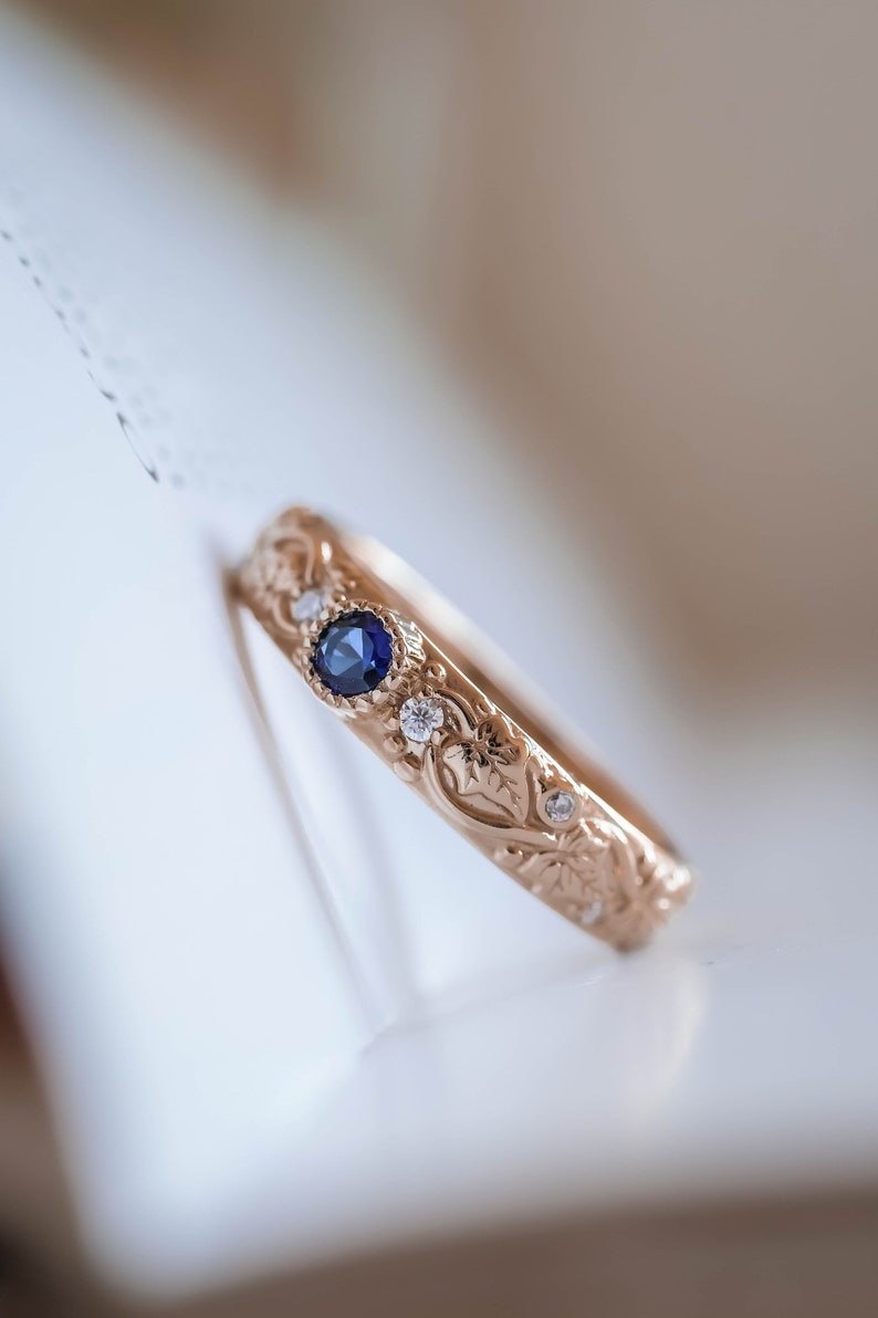 Elven Wedding Band with Leaves and Diamonds Comfort Fit Ring, Ivy Leaf Ring, Genuine Blue Sapphire Ring for Women, 14k or 18k Gold image 8