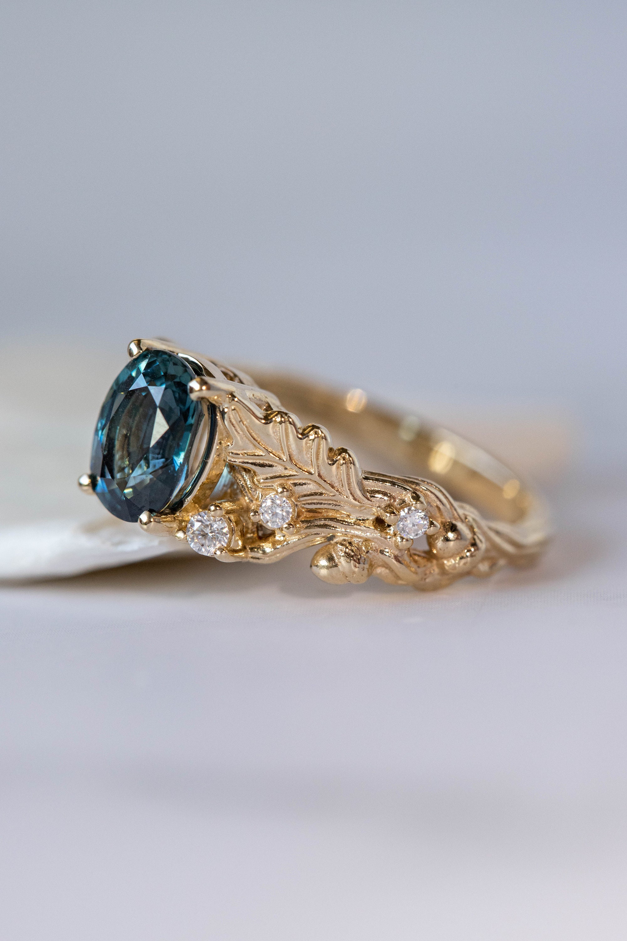 Natural Teal Sapphire Engagement Ring With Diamonds Gold Oak - Etsy