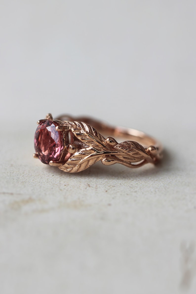 Pink tourmaline engagement ring, rose gold ring, leaves ring, unique ring for woman, branch ring, leaf engagement, twig wedding band image 2