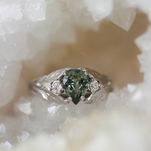 Green sapphire engagement ring, white gold leaf ring, sapphire & diamonds ring, leaves ring, nature engagement, ring for woman, unique ring image 2