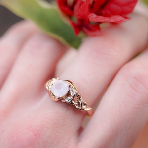 Rose quartz engagement ring, solid gold ring, leaves ring, ring for woman, unique ring, rose gold wedding band, romantic ring, nature ring image 8