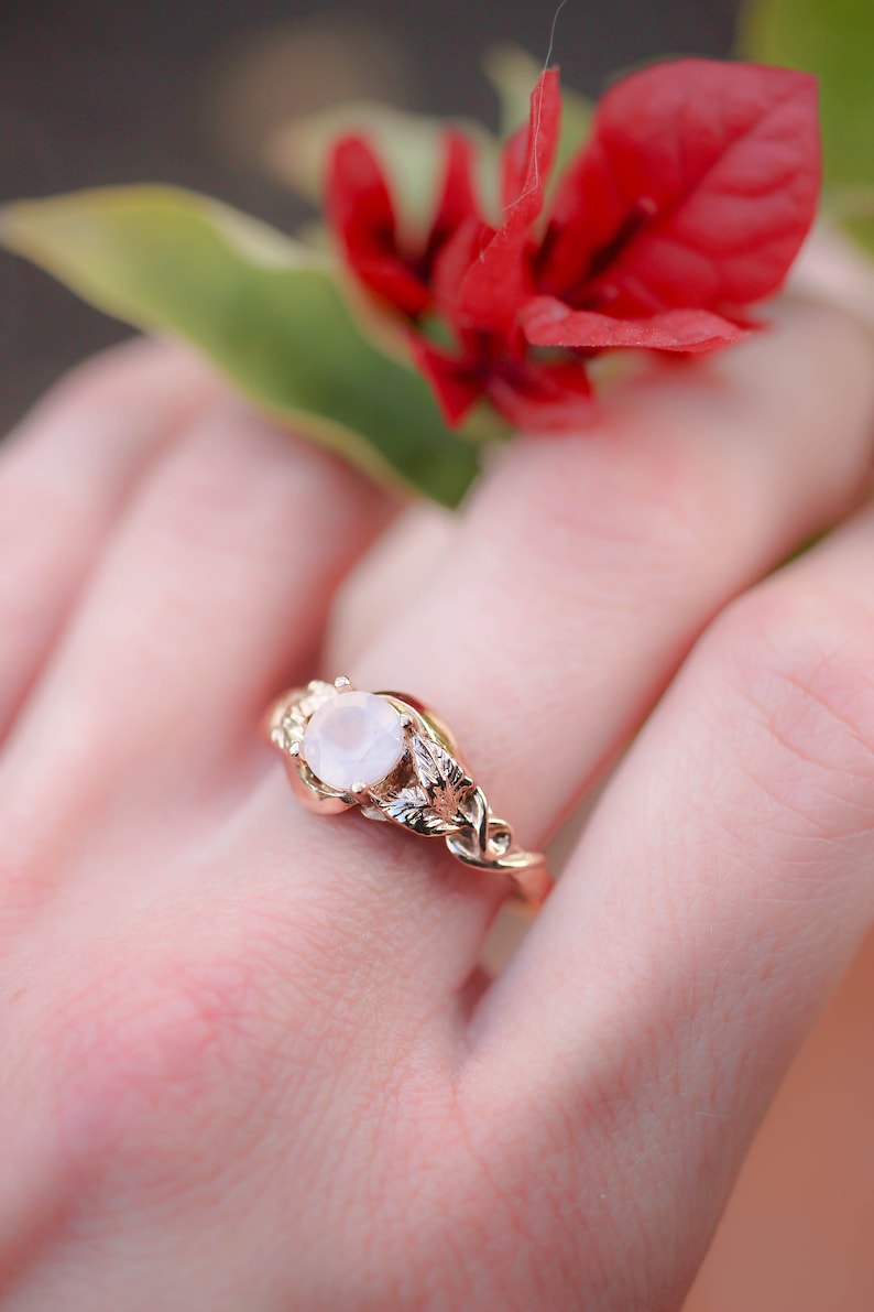 Rose quartz engagement ring, solid gold ring, leaves ring, ring for woman, unique ring, rose gold wedding band, romantic ring, nature ring image 8