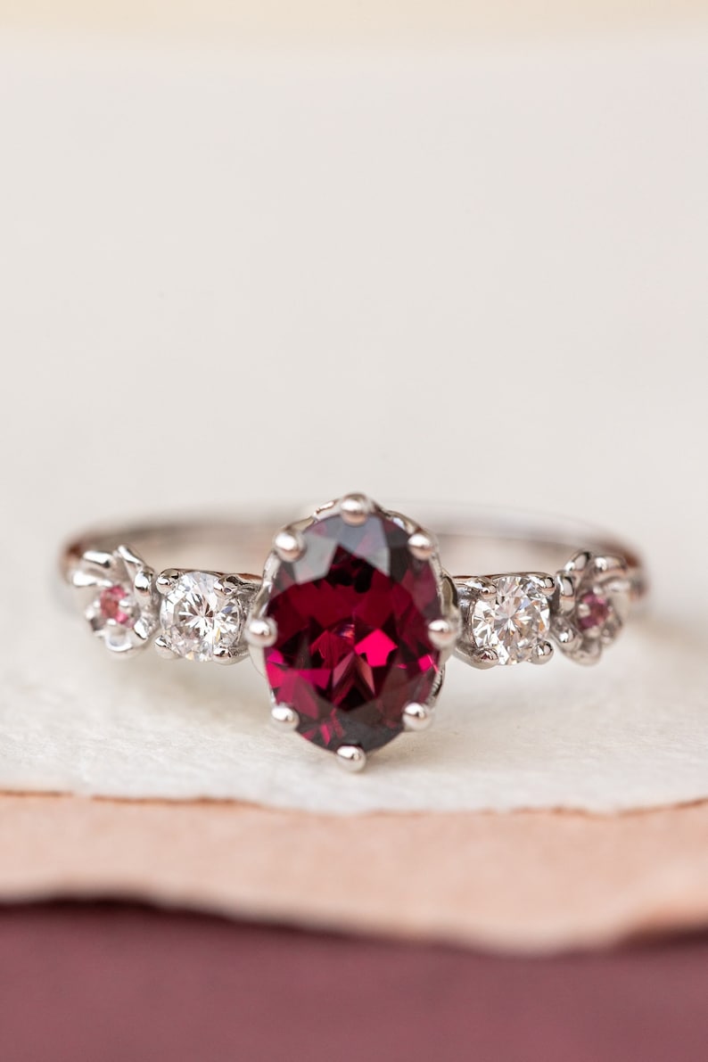 Gold flowers and Diamonds Engagement Ring Rhodolite Garnet ring, Delicate Oval cut ring, Romantic Flower Engagement Ring White Gold image 2