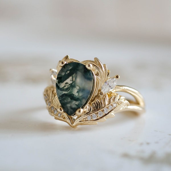 2ct Pear cut Natural Moss agate Ring with sustainable Diamonds, Alternative Elvish Engagement Ring for Women, 14K or 18k Ornate Gold Ring