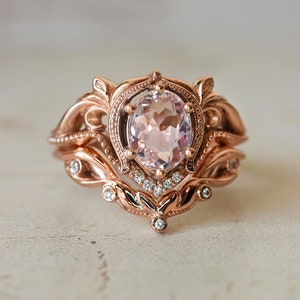 Morganite bridal ring set, 14K rose gold ring set, art nouveau ring, stacking ring set, nature ring for woman, morganite engagement ring