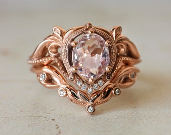 Morganite bridal ring set, 14K rose gold ring set, art nouveau ring, stacking ring set, nature ring for woman, morganite engagement ring