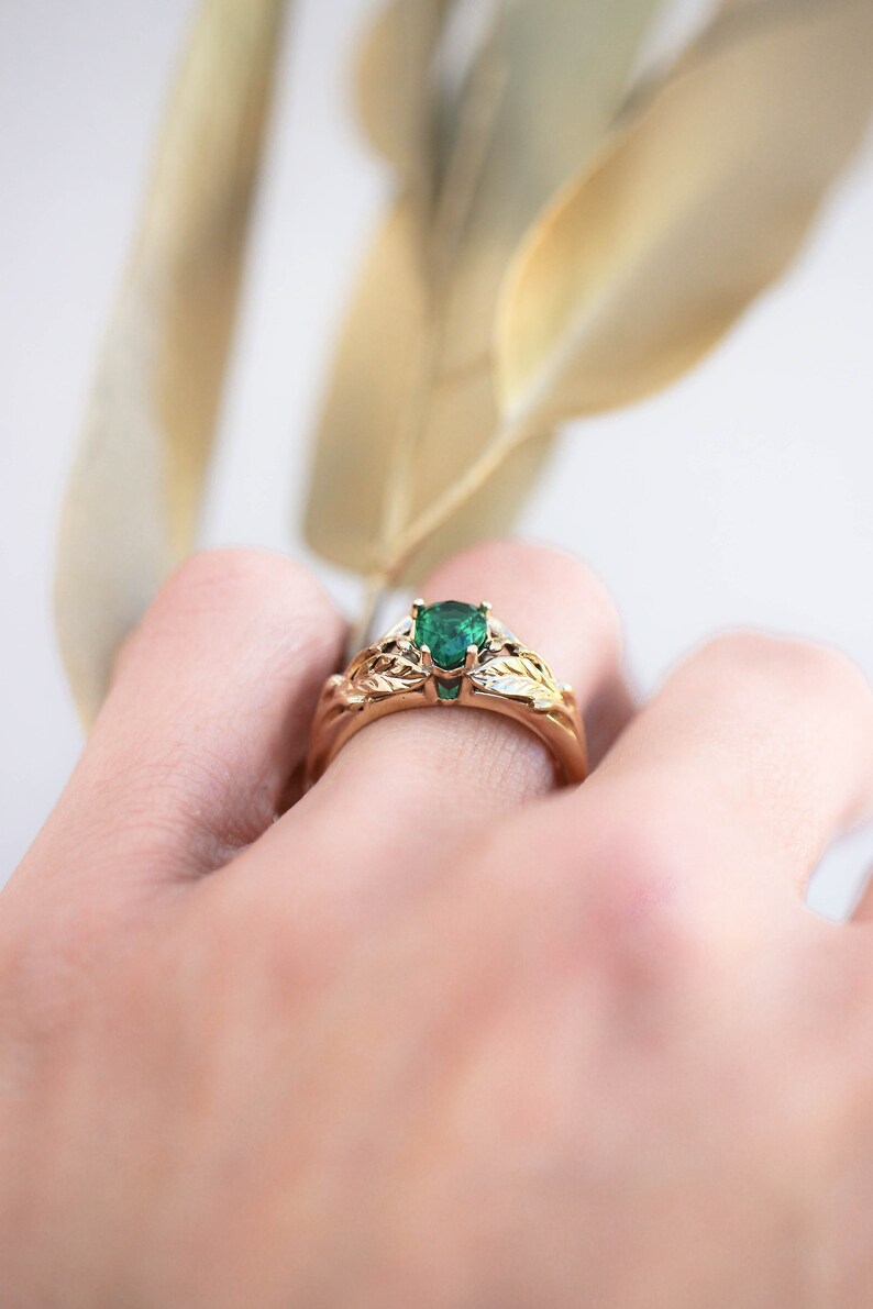 Emerald Engagement Ring 14K Yellow Gold Leaves Ring Leaf Etsy UK