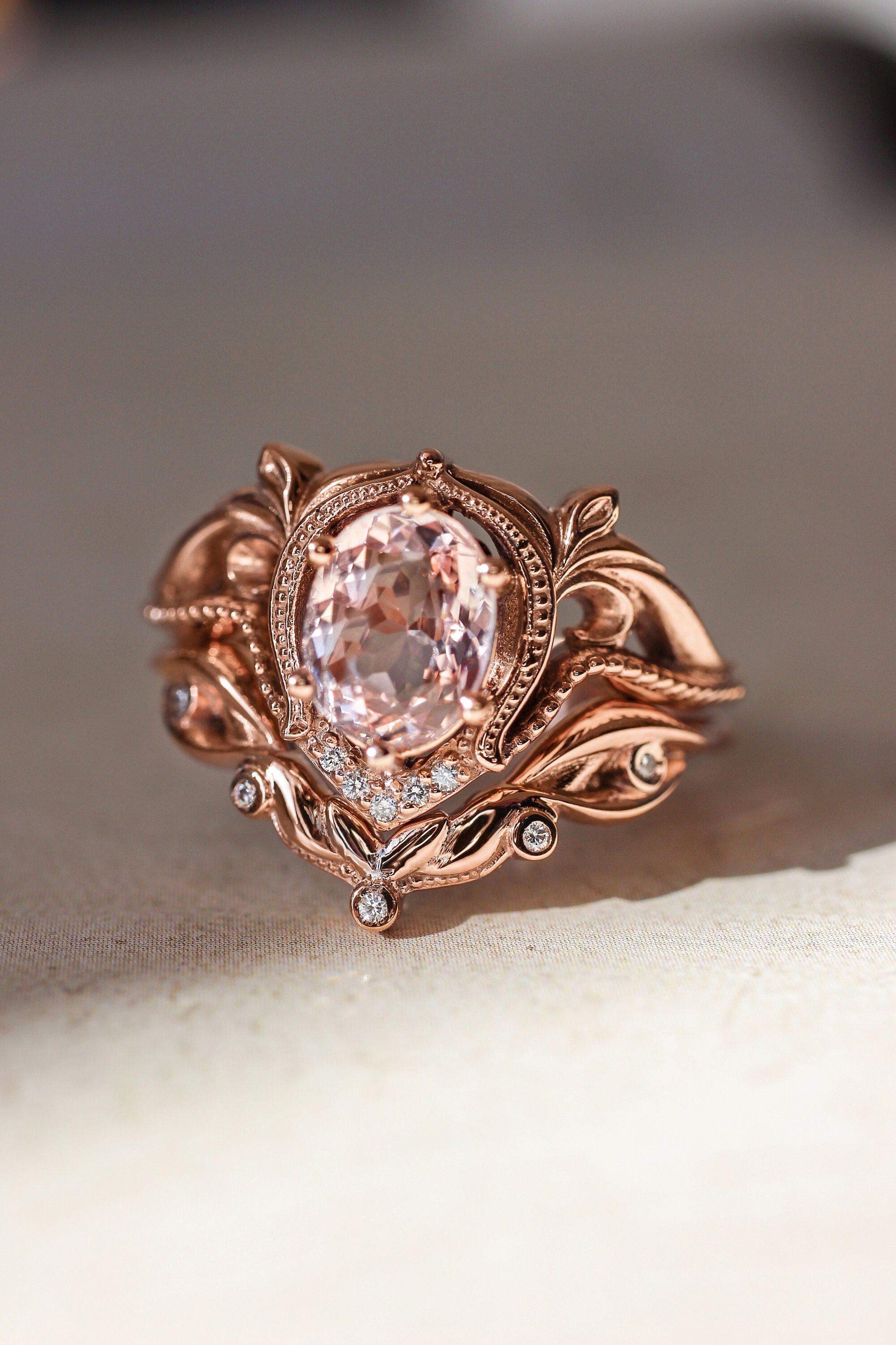 Morganite engagement ring set rose gold bridal ring set art | Etsy