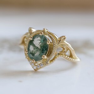 READY TO SHIP, Size 7 Us, Green Moss agate Engagement Ring & Leafy Vine Wedding Band, Elvish Nature Inspired Oval shaped Engagement Ring Set image 9