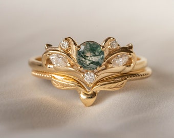 Green Moss agate and Diamonds Bridal ring set, Baroque inspired Moss Agate Engagement Ring with Winged Heart Wedding Band, 14k or 18k Gold