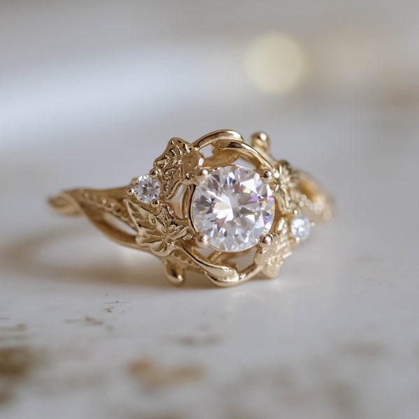 Ivy Leaves Anillo de propuesta de moissanita inspirado en la naturaleza, anillo de compromiso de moissanita de 0,8 ct con diamantes, anillo de bodas élfico inspirado en la naturaleza