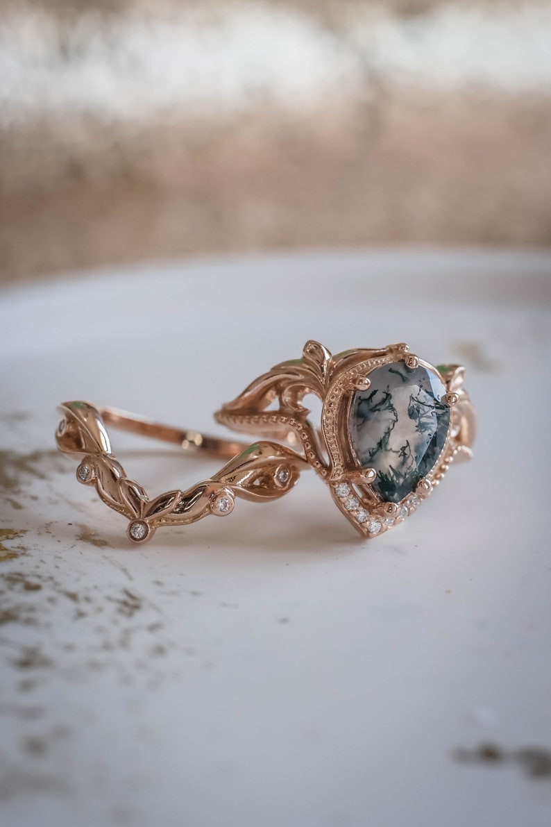 Pear cut Natural Moss agate Ring Set, Alternative Elvish Engagement Rings, Twig Engagement Ring & Wedding Ring Enhancer, 14K or 18k Gold image 3