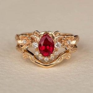 READY TO SHIP, Size 6-8 Us, Lab Ruby & Diamonds Engagement Ring Set, Gold Flower Bridal Ring Set, Nature Inspired Rings, Ring for Woman image 2