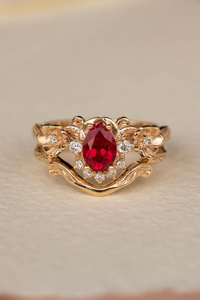 READY TO SHIP, Size 6-8 Us, Lab Ruby & Diamonds Engagement Ring Set, Gold Flower Bridal Ring Set, Nature Inspired Rings, Ring for Woman image 2