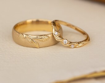 Wedding Rings Set for Him and Her Couples Rings Set Sandblast Finish Gold Band with Branch for Men Diamond Leaf Twig Ring for Women