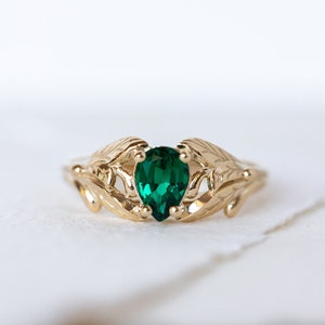 Emerald engagement ring, 14K yellow gold leaves ring, leaf ring for woman, unique engagement ring, synthetic emerald ring, teardrop ring image 2