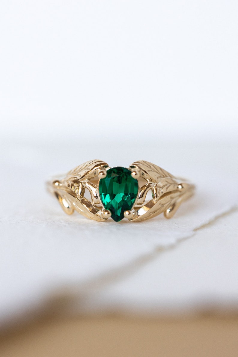 Emerald engagement ring, 14K yellow gold leaves ring, leaf ring for woman, unique engagement ring, synthetic emerald ring, teardrop ring image 2