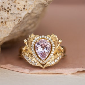 Genuine Pink Sapphire Engagement ring with Diamond Halo, Nature Inspired Ring, Gold Leaves Ring, Fantasy Engagement Ring, 14K 18K Gold image 3