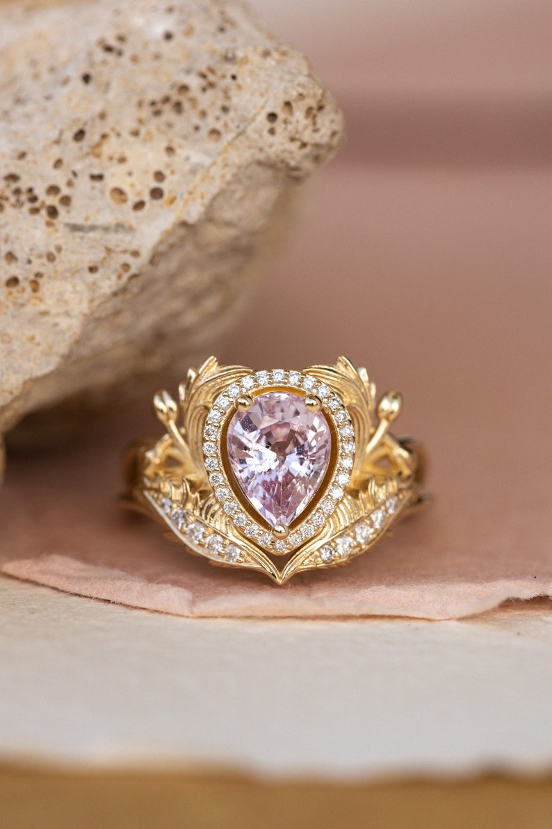 Genuine Pink Sapphire Engagement ring with Diamond Halo, Nature Inspired Ring, Gold Leaves Ring, Fantasy Engagement Ring, 14K 18K Gold image 3