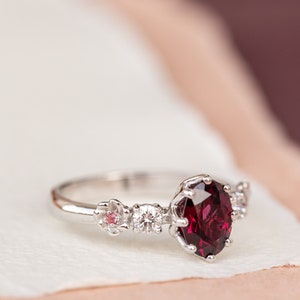 Gold flowers and Diamonds Engagement Ring Rhodolite Garnet ring, Delicate Oval cut ring, Romantic Flower Engagement Ring White Gold image 9