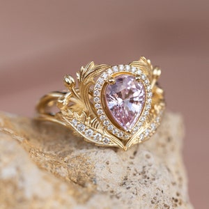 Genuine Pink Sapphire Engagement ring with Diamond Halo, Nature Inspired Ring, Gold Leaves Ring, Fantasy Engagement Ring, 14K 18K Gold image 8