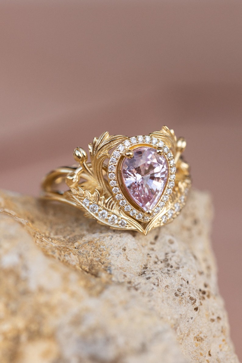 Genuine Pink Sapphire Engagement ring with Diamond Halo, Nature Inspired Ring, Gold Leaves Ring, Fantasy Engagement Ring, 14K 18K Gold image 8