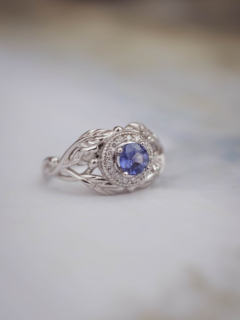 Sapphire Engagement Ring with Diamond Halo, White Gold Leaf Ring, Nature Inspired Ring, Leaf engagement ring, Light Blue Sapphire Ring image 2