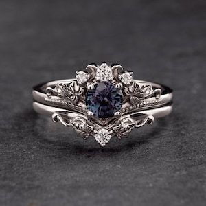 0.5 carat Lab Alexandrite Bridal Ring Set, White gold Ivy Leaves and Diamonds Engagement, Fairy Bridal Diamond Rings in 14K or 18K Gold