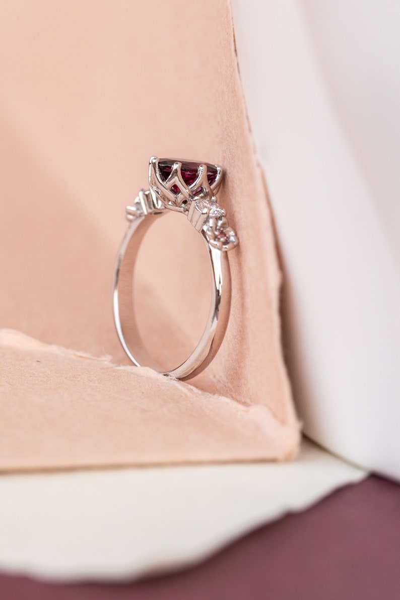 Gold flowers and Diamonds Engagement Ring Rhodolite Garnet ring, Delicate Oval cut ring, Romantic Flower Engagement Ring White Gold image 7