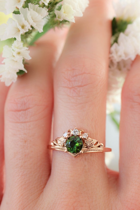Olive branch ring with ribbon and green tourmaline / Olivia | Nature  wedding ring, Olive branch ring, Jewelry rings engagement