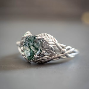Natural Moss Agate Ring 14K or 18k Gold, Elvish Leaves Engagement Ring, Forest Green Gemstone Ring, Unique Promise Ring for Women image 8