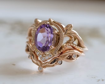 Purple Amethyst Engagement Ring Set, 1.5 ct Amethyst Ring inspired by nature with Leafy Chevron Wedding ring with Diamonds, 14K or 18K gold