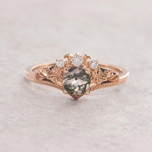 Round cut Moss Agate Ring, Elven Bride Ring, Ornate Gold Ivy Leaves Ring with Lab grown diamonds or Natural Diamonds Ethical Engagement Ring
