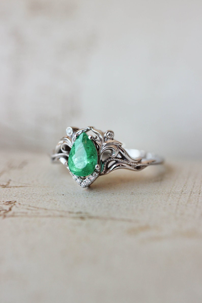 Natural emerald and diamonds ring, unique engagement ring, vintage wedding, leaves ring, moissanite ring, art nouveau ring, ring for woman image 1