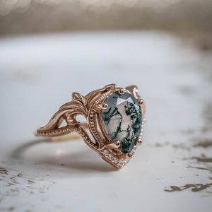 Pear cut Natural Moss agate Ring Set, Alternative Elvish Engagement Rings, Twig Engagement Ring & Wedding Ring Enhancer, 14K or 18k Gold image 9