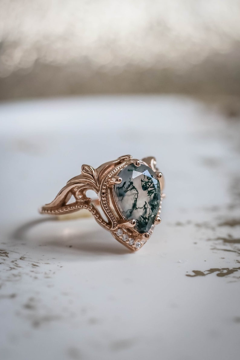 Pear cut Natural Moss agate Ring Set, Alternative Elvish Engagement Rings, Twig Engagement Ring & Wedding Ring Enhancer, 14K or 18k Gold image 9