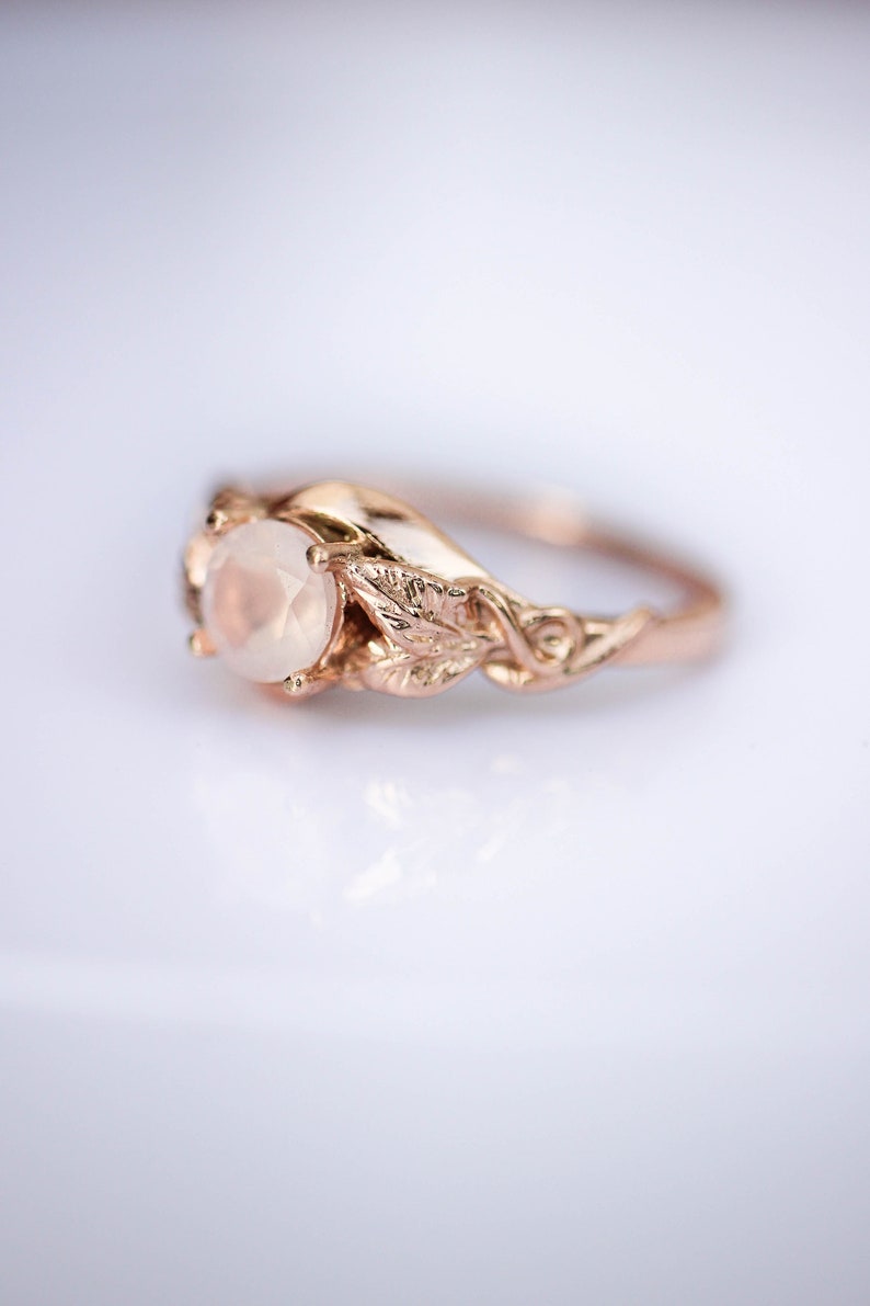 Rose quartz engagement ring, solid gold ring, leaves ring, ring for woman, unique ring, rose gold wedding band, romantic ring, nature ring image 10