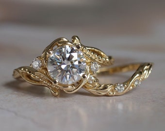 Moissanite Bridal Ring Set, Gold Nature Inspired Engagement Ring Set, 1.5 ct Moissanite 14K Gold Ring Set,  Unique Branch Rings with Diamond