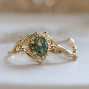 READY TO SHIP, Size 7 Us, Green Moss agate Engagement Ring & Leafy Vine Wedding Band, Elvish Nature Inspired Oval shaped Engagement Ring Set image 5