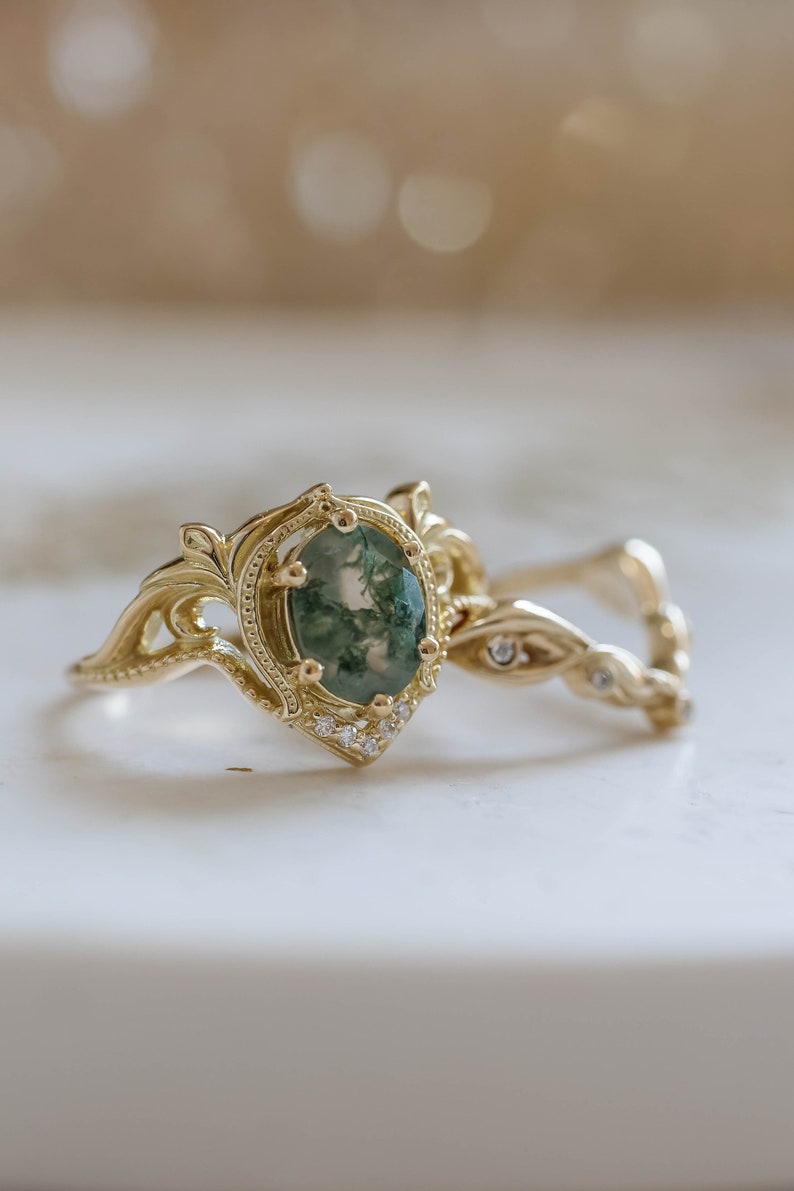 READY TO SHIP, Size 7 Us, Green Moss agate Engagement Ring & Leafy Vine Wedding Band, Elvish Nature Inspired Oval shaped Engagement Ring Set image 5