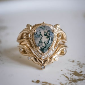 Pear cut Natural Moss agate Ring Set, Alternative Elvish Engagement Rings, Twig Engagement Ring & Wedding Ring Enhancer, 14K or 18k Gold image 7