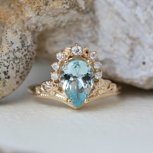 1.5 Carat Aquamarine Engagement Ring, Unique Proposal Ring Set with Diamond Crown for Bride, Gold Ivy Leaves and Diamonds in 14k or 18k Gold