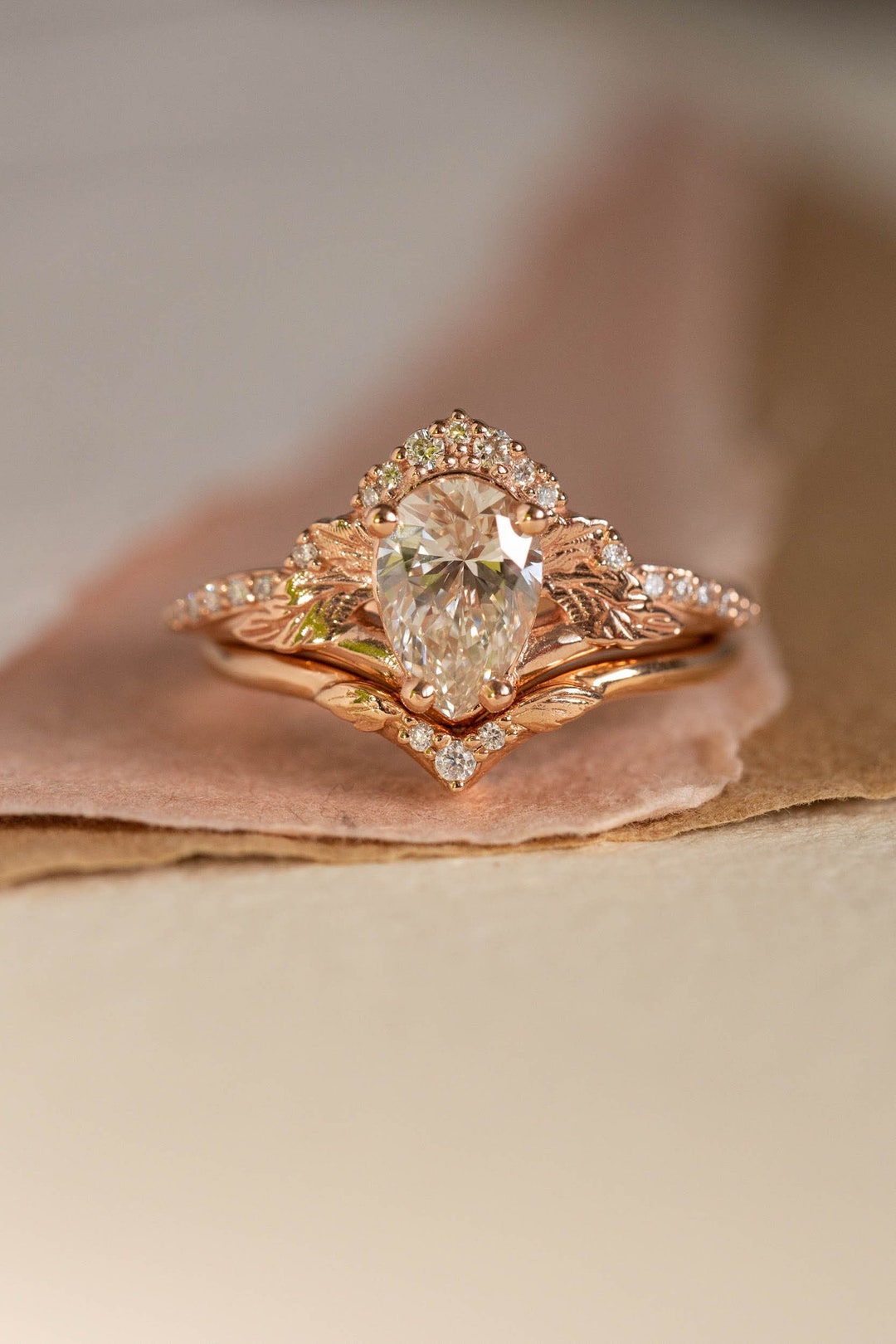 Lab Grown Pear Diamond Engagement Ring Set, Gold Leaves Proposal Ring ...