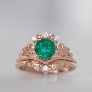 1 Carat Emerald Bridal Ring Set, Rose gold Ivy Leaves and Diamonds Engagement, Emerald Rings in 14K or 18K Gold, Fairy Bride Gold Rings image 3