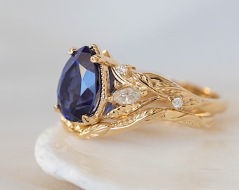 Lab created Sapphire Engagement Ring set, Fantasy Botanical Ring with Dark Blue Sapphire with Leafy Chevron Wedding Band, 14k or 18k Gold