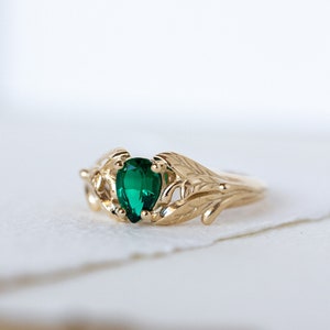 Emerald engagement ring, 14K yellow gold leaves ring, leaf ring for woman, unique engagement ring, synthetic emerald ring, teardrop ring image 5