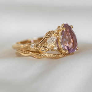 Large Amethyst Engagement Ring with Marquise Diamonds Leaves, Nature inspired Ring for Bride, Unusual Lavender Amethyst Ring 14k or 18k Gold image 7