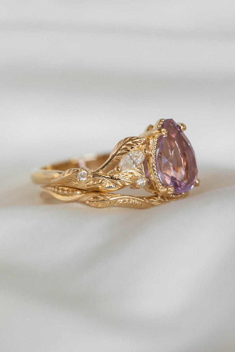 Large Amethyst Engagement Ring with Marquise Diamonds Leaves, Nature inspired Ring for Bride, Unusual Lavender Amethyst Ring 14k or 18k Gold image 7